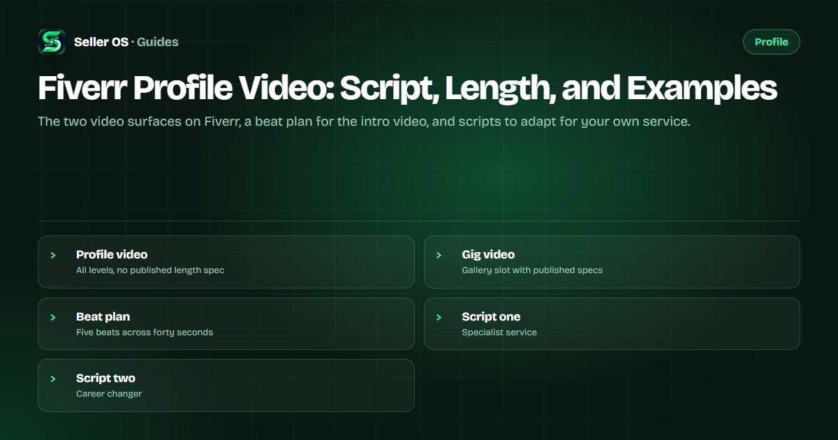 Profile page with an intro video card labeled by beats: hook, service, working rhythm, proof, next step