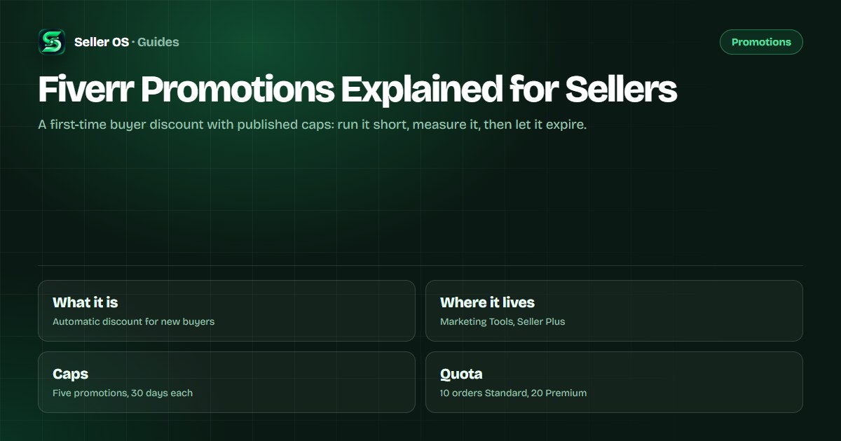 Promotions setup diagram showing a first-time client discount applied to a selected Fiverr gig with a 30-day window