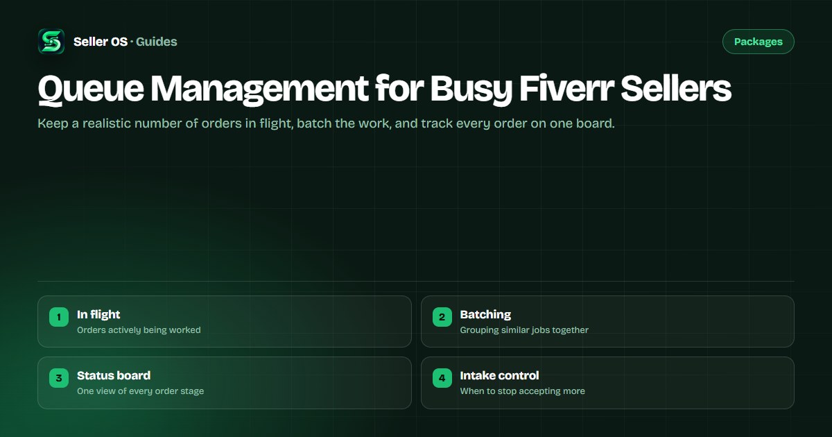 Illustration of a Fiverr order queue shown as a status board with columns for new, in progress, review, and delivered orders
