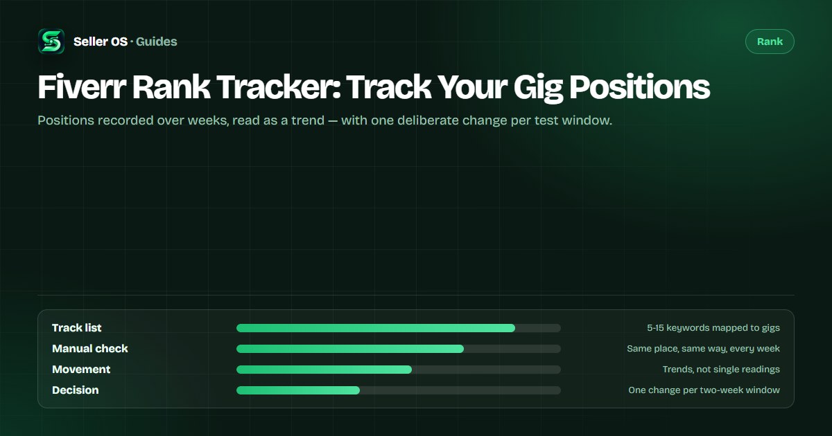 Rank tracking dashboard concept showing four tracked Fiverr keywords with position lines moving over weekly checks
