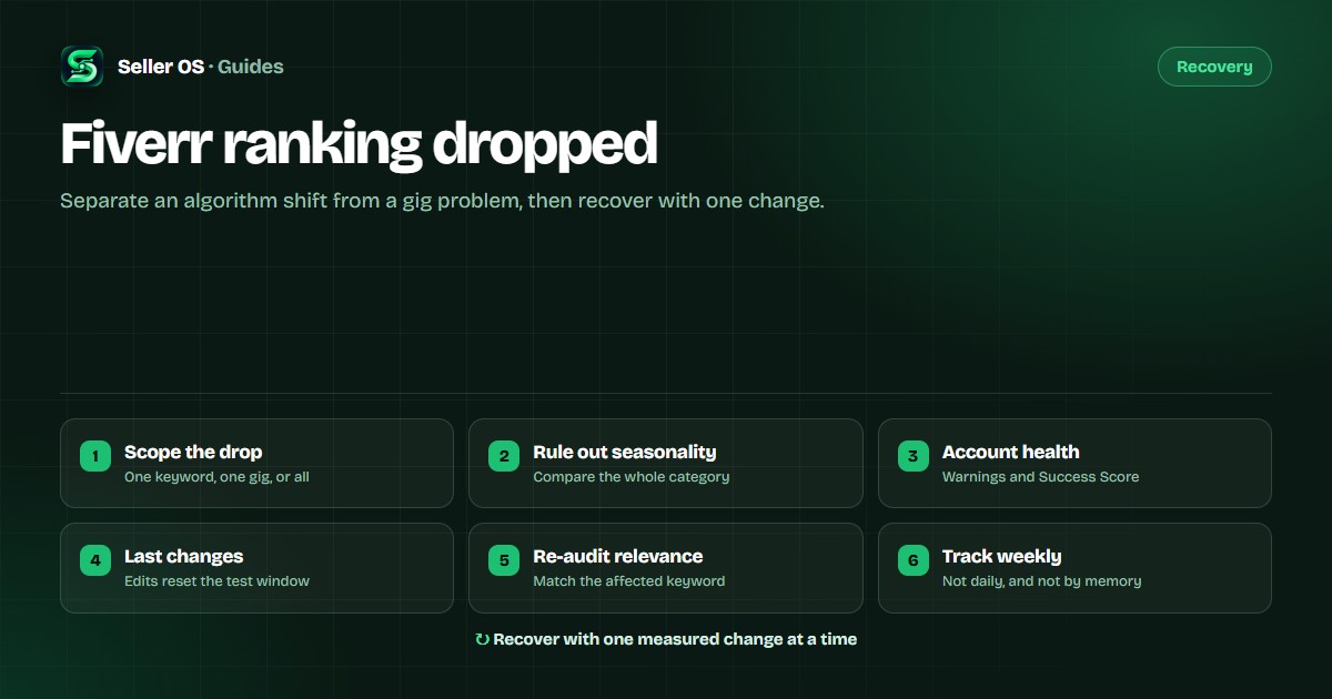 Six recovery steps after a ranking drop: scope, seasonality, account health, recent changes, relevance audit, weekly tracking