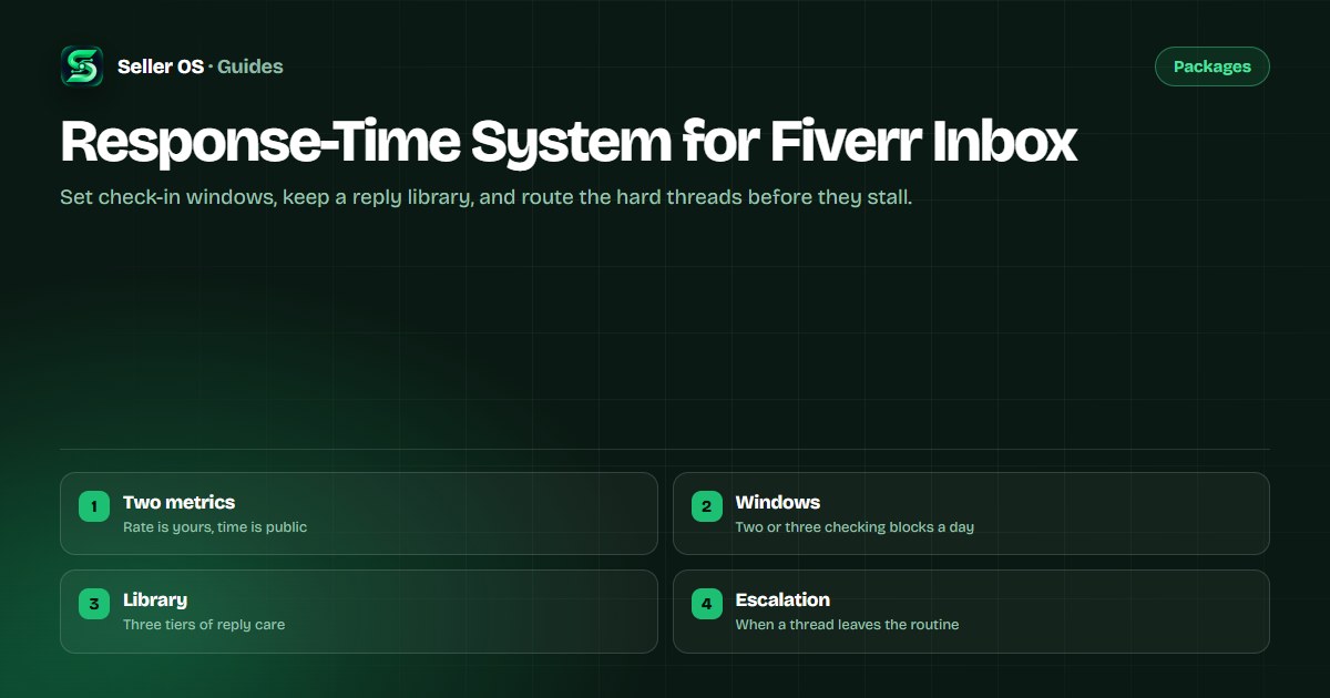 Fiverr inbox system diagram with batching windows, a three-tier template library, and escalation paths for difficult threads