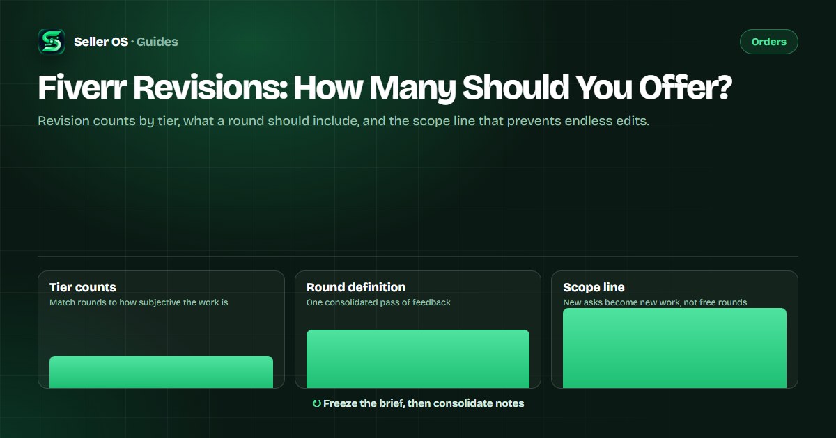 Fiverr package revision policy diagram showing tier counts, a revision round boundary, and out-of-scope requests routed to a new offer