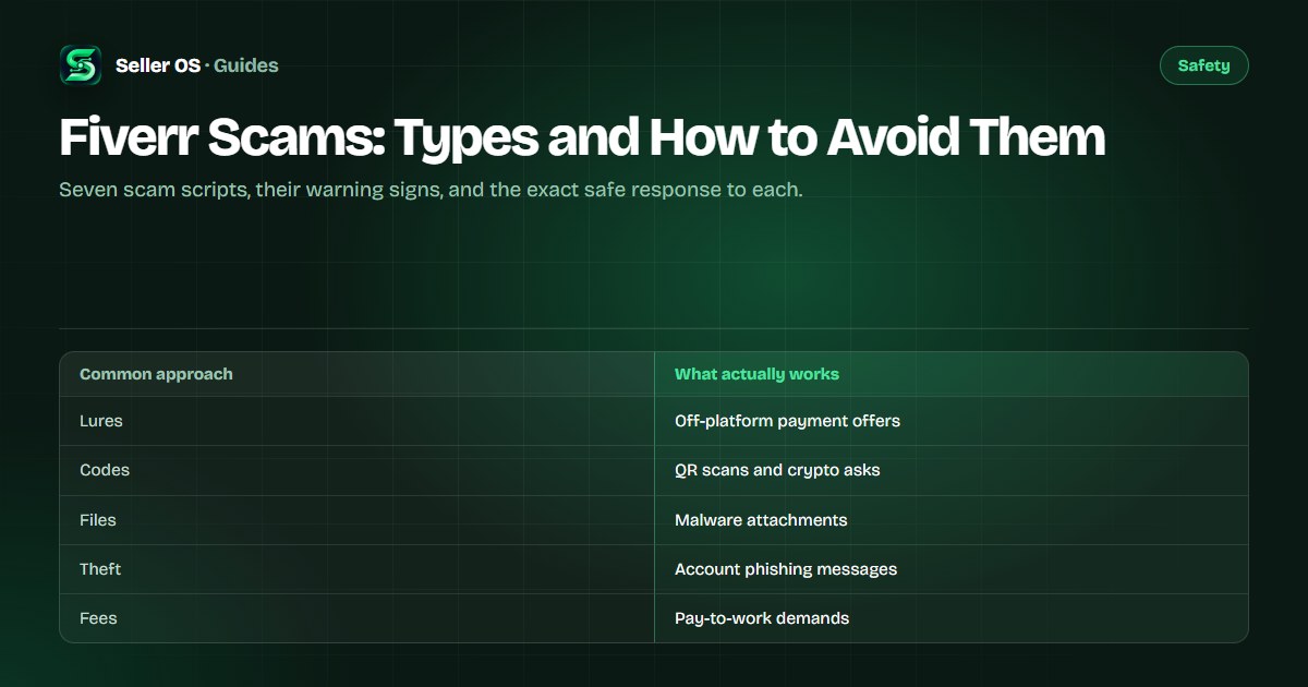 Taxonomy chart of Fiverr scam types with warning signs and safe responses for sellers