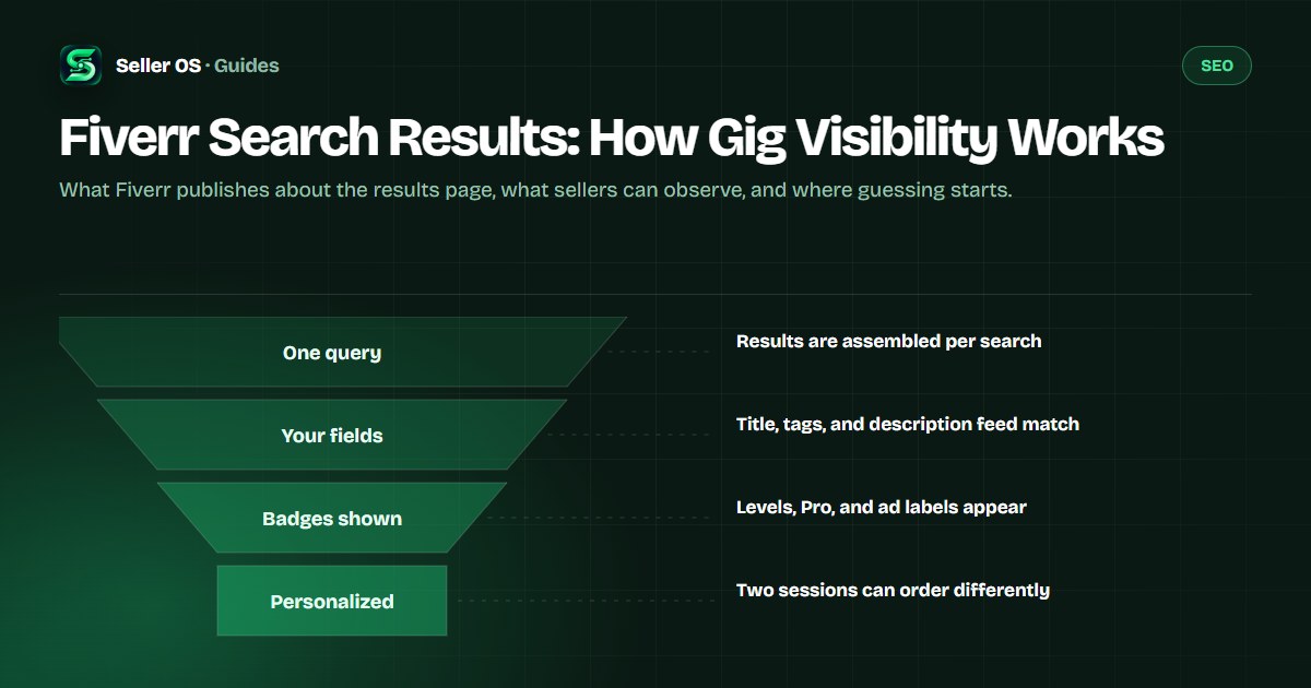 Fiverr search results diagram showing gig cards with thumbnails and level badges, ad placements, and a documented-versus-observed split