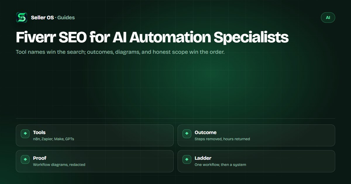 AI automation gig map with tool-qualified keywords, outcome framing, and a workflow diagram used as portfolio proof