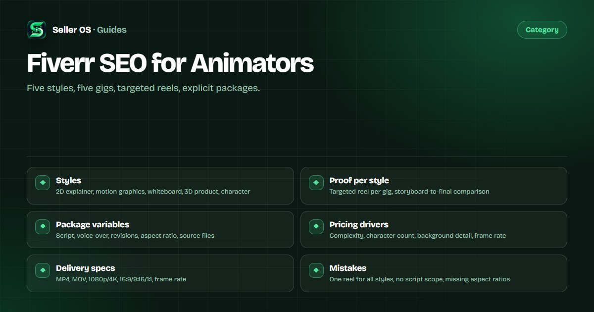 Animation gig examples showing 2D explainer, motion graphics, whiteboard, 3D product, and character reels with package tiers