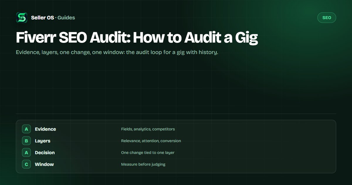 Audit loop diagram showing a Fiverr gig's fields, analytics, and competitor set feeding into a scored decision