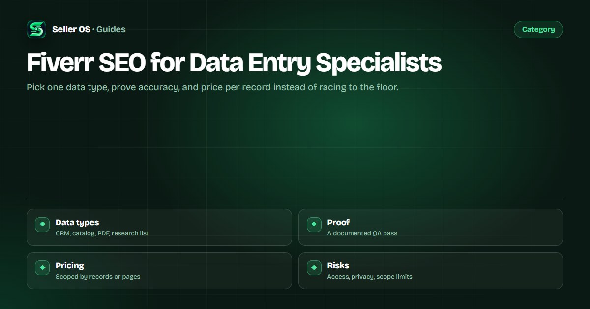 Data entry gig blueprint mapping CRM, catalog, PDF, and research phrases to QA proof and per-record pricing
