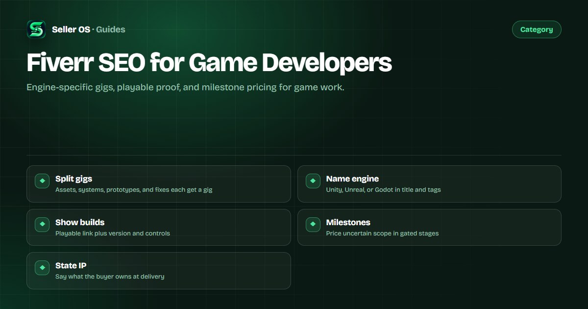 Diagram of four focused game gigs with engine labels, a playable build link, and a milestone pricing row beside them
