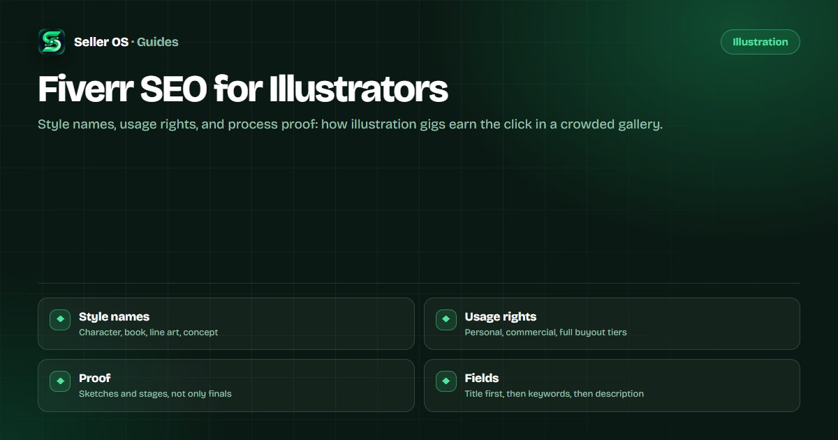 Illustration gig flow: a style-name keyword becoming a title, a three-tier usage-rights ladder, and process proof from sketch to final