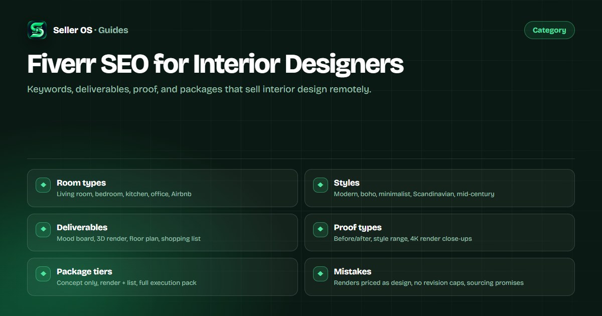Interior design gig examples showing mood boards, 3D renders, floor plans, and shopping lists with keyword labels