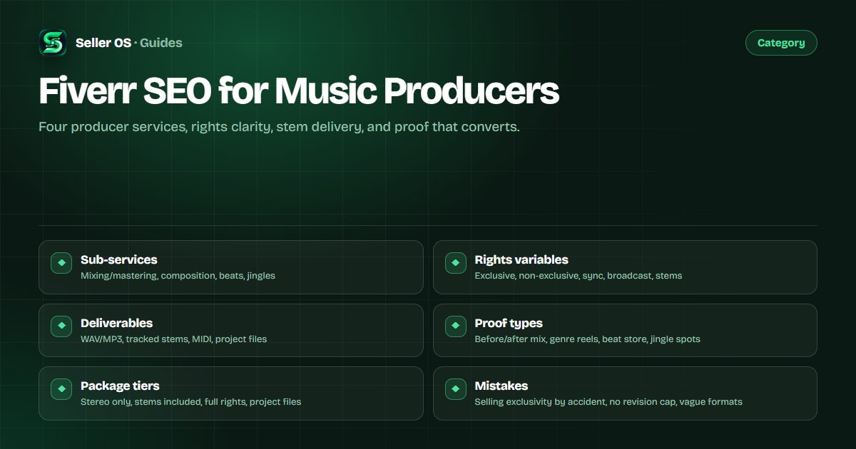 Music producer gig examples showing mixing, composition, beats, and jingles with stem/license tiers
