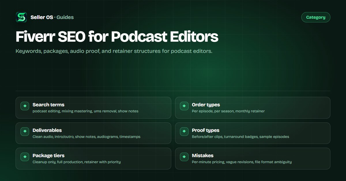 Podcast editing gig examples showing per-episode pricing, before/after audio clips, show notes, and audiogram deliverables