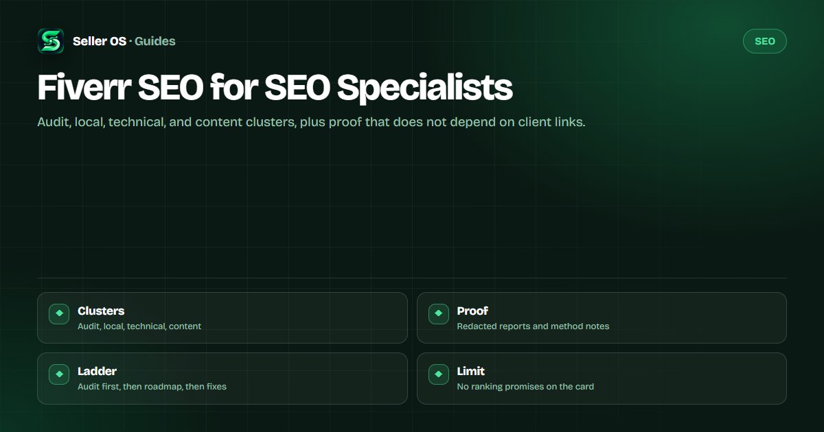 SEO specialist gig map showing audit, local, technical, and content keyword clusters with a scope-based package ladder