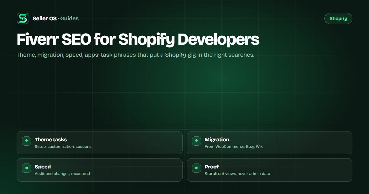 Diagram of Shopify tasks such as theme setup, store migration, speed optimization, and app integration mapped to buyer search phrases
