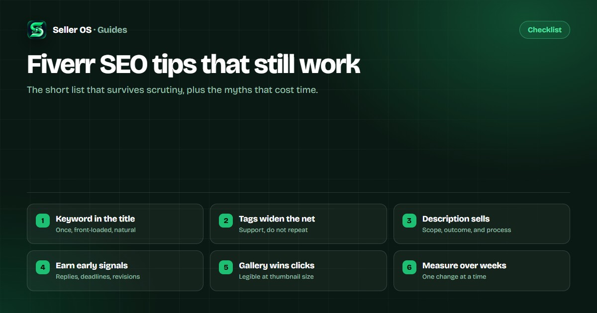 Six Fiverr SEO rules that still work: keyword in the title, tags widen the net, description sells the outcome, early signals, gallery, measurement