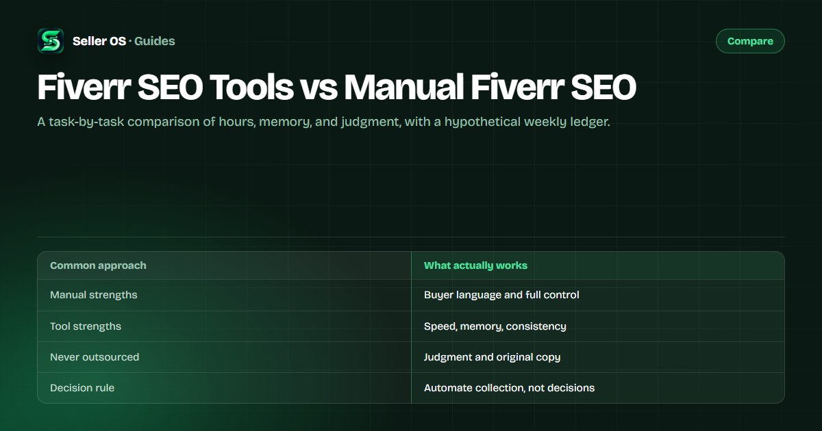 Diagram comparing manual Fiverr SEO routines with tool-assisted routines, including hours spent and decisions kept human