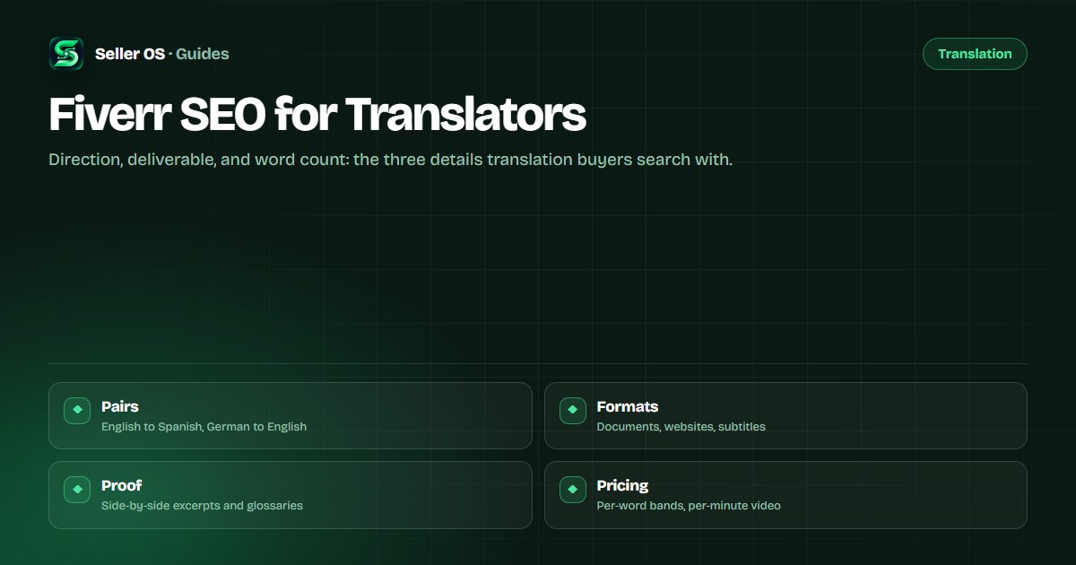 Translation gig map with language pairs, document, localization, and subtitle deliverables, accuracy proof, and per-word package tiers