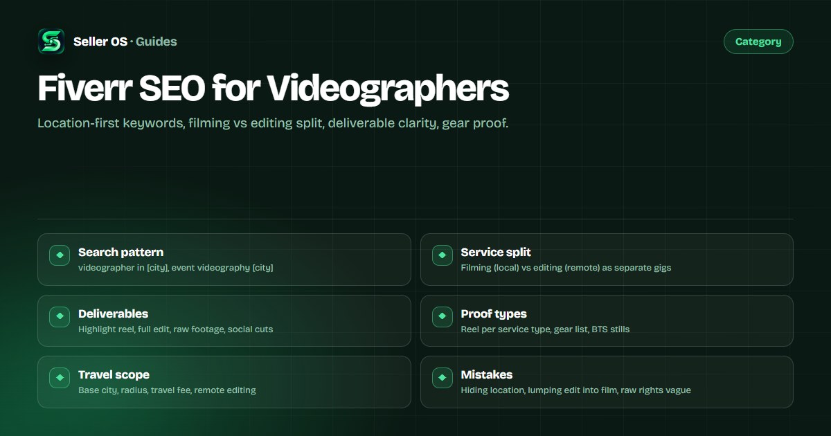 Videographer gig examples showing city-based titles, highlight reels, raw footage packages, and gear lists