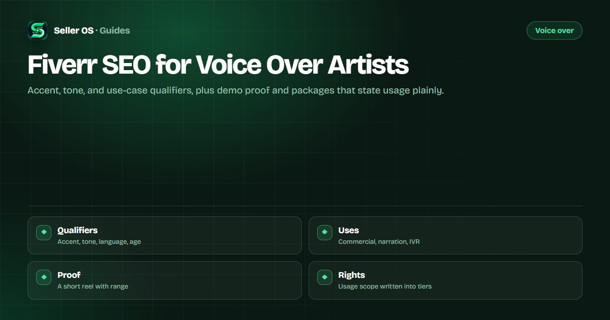 Voice over gig map with accent and tone qualifiers, use-case phrases, demo reel proof, and usage-based packages