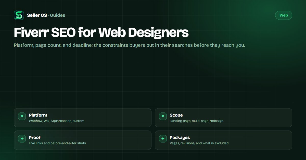 Diagram mapping web design buyer constraints such as platform choice, page count, and redesign to Fiverr search phrases