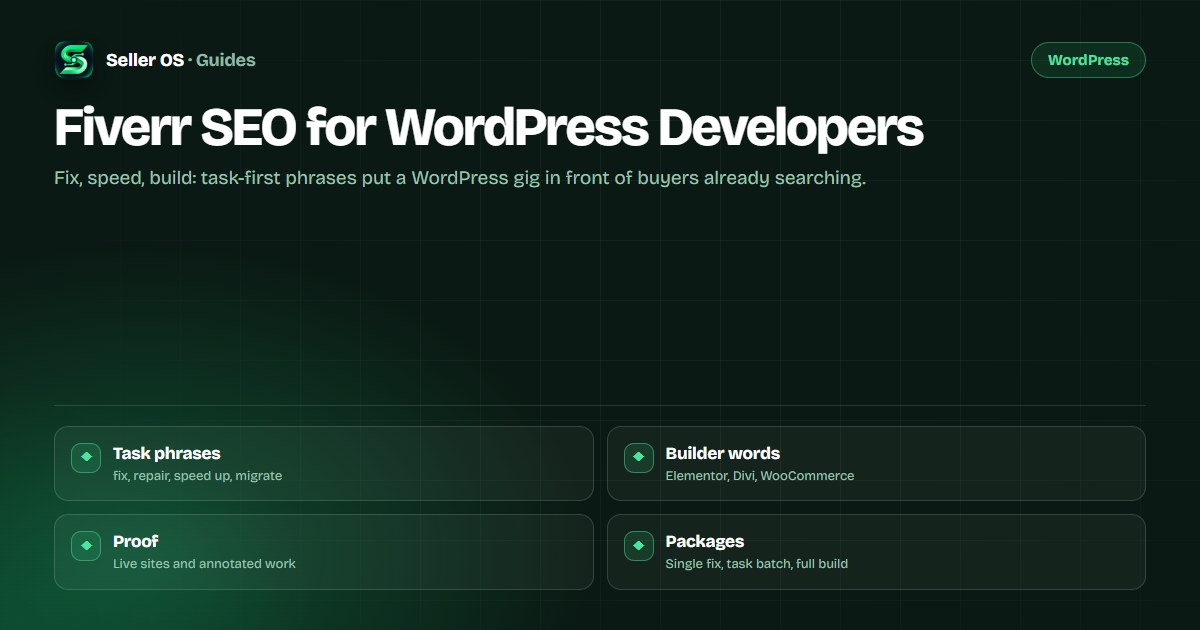 Diagram of WordPress buyer tasks such as an error fix, speed optimization, Elementor page, and WooCommerce setup mapped to phrases