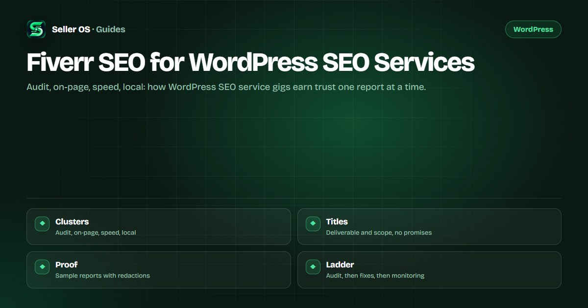 WordPress SEO service gig map: four job clusters, a scope-based package ladder, and a redacted sample report as proof