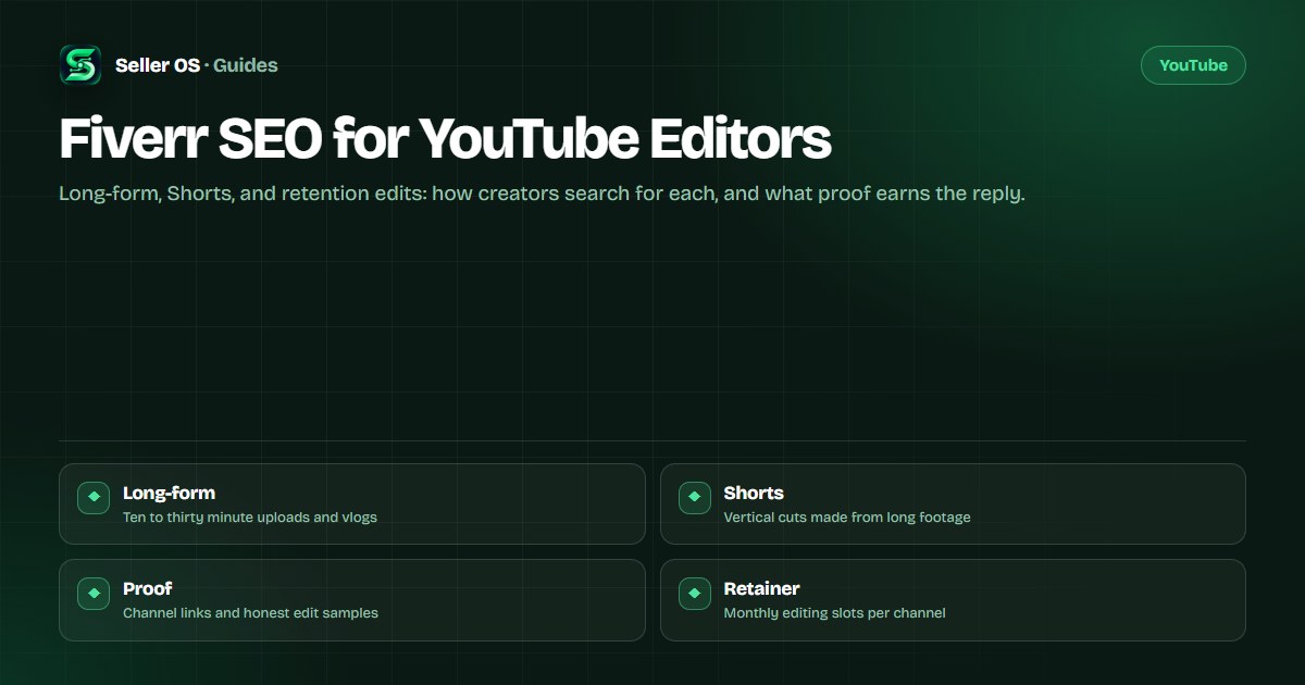 Map of a YouTube editing gig: long-form and Shorts scopes, channel proof, and a monthly retainer ladder