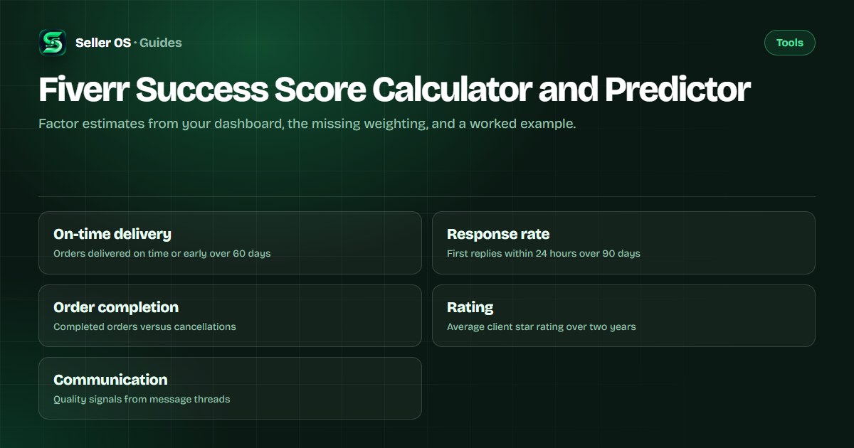 Success Score calculator with factor sliders for on-time delivery, response rate, order completion, rating, and communication quality