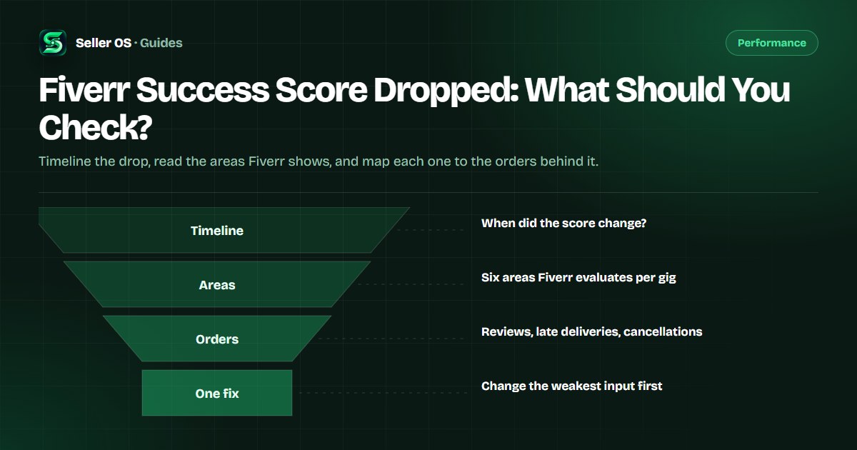 Success Score triage diagram: timeline a drop, check the six areas Fiverr shows, and map each to recent orders