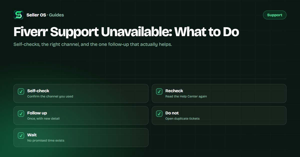 Seller checking a Fiverr help page and ticket status, with a short checklist of support self-checks beside it