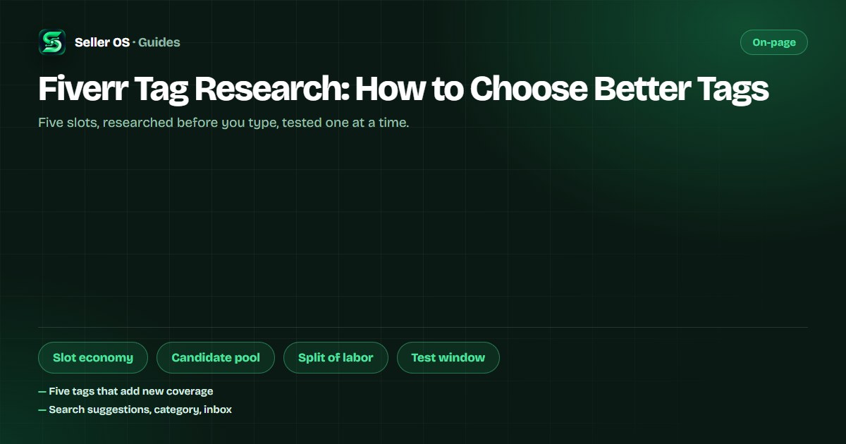 Tag research diagram showing candidate phrases sorted into five Fiverr tag slots with the title and keyword fields beside them