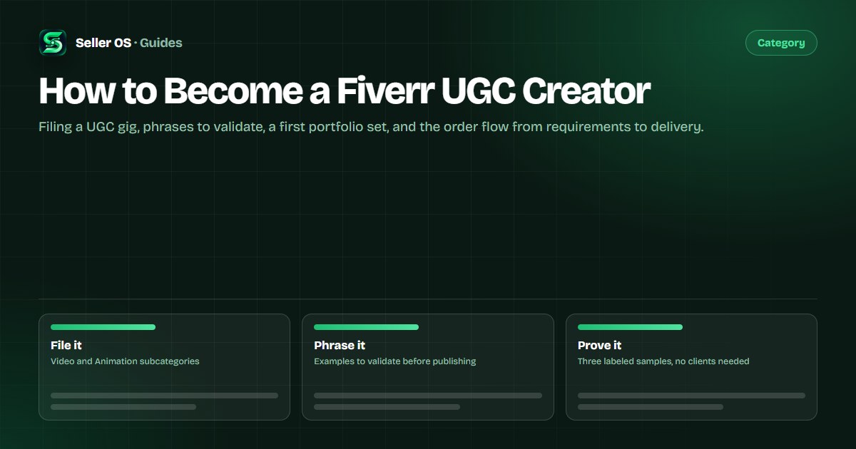 Diagram of a UGC gig path: category, title phrases, sample portfolio, requirements, and delivery