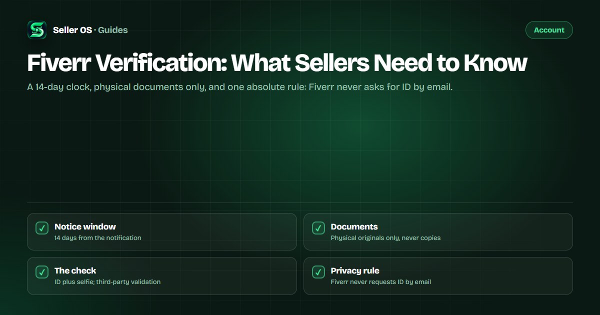 Checklist diagram of Fiverr identity verification showing the 14-day notice, accepted documents, the selfie check, and privacy rules