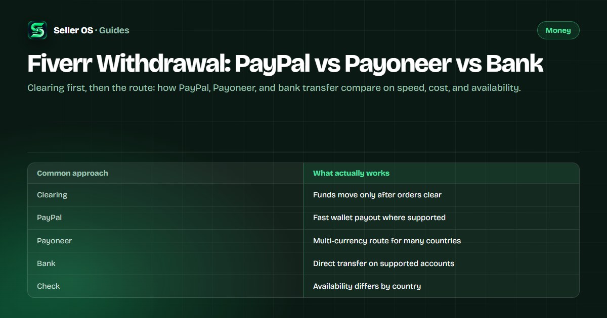 Comparison of three Fiverr withdrawal routes showing clearing, transfer speed, provider fees, and country availability