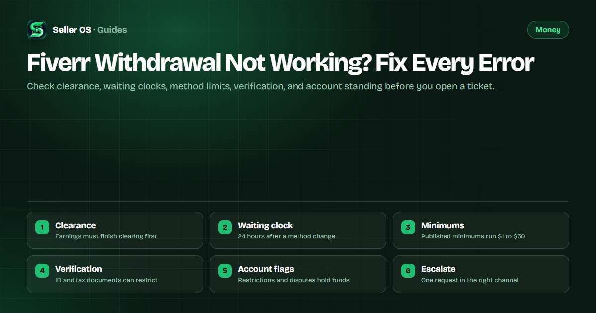 Flowchart triaging a failed Fiverr withdrawal through clearance, method setup, verification, and account checks