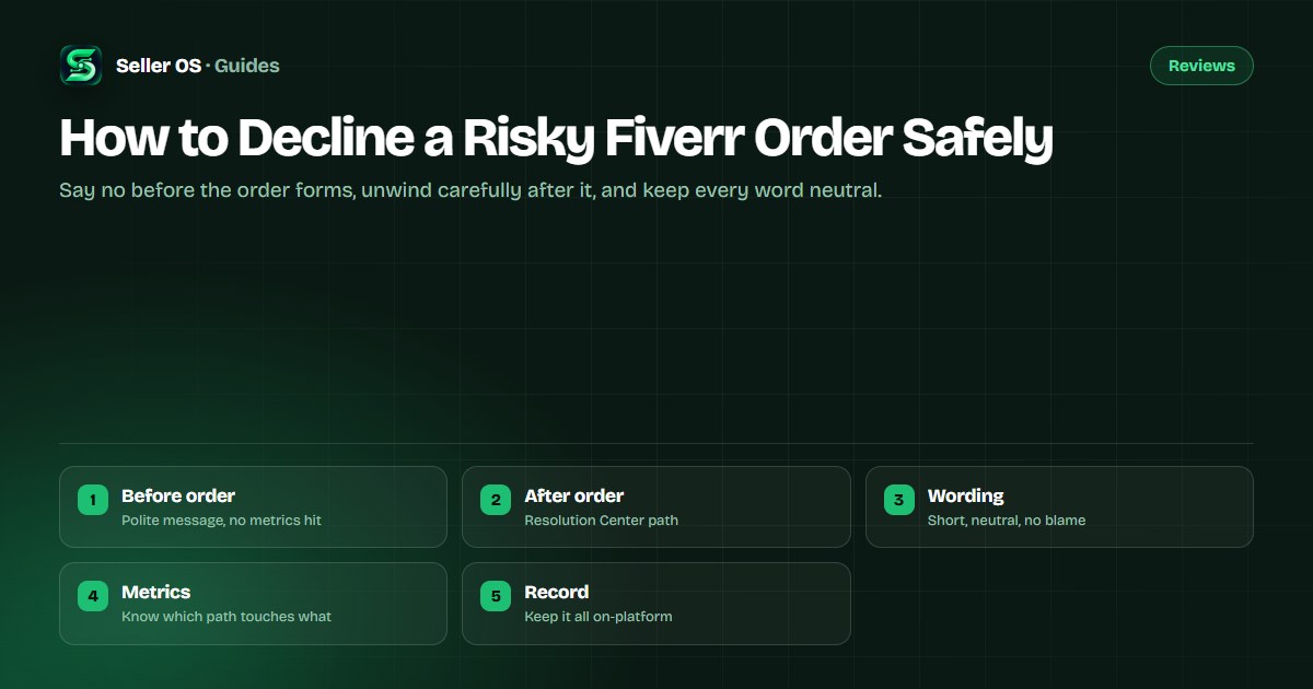 Fiverr seller composing a short polite decline message before an order forms, with resolution options nearby