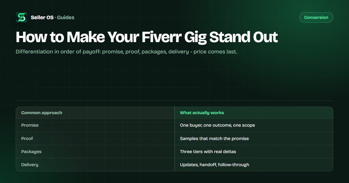 Fiverr gig differentiation diagram ordering promise, proof, and package design above a price tag on a decision path