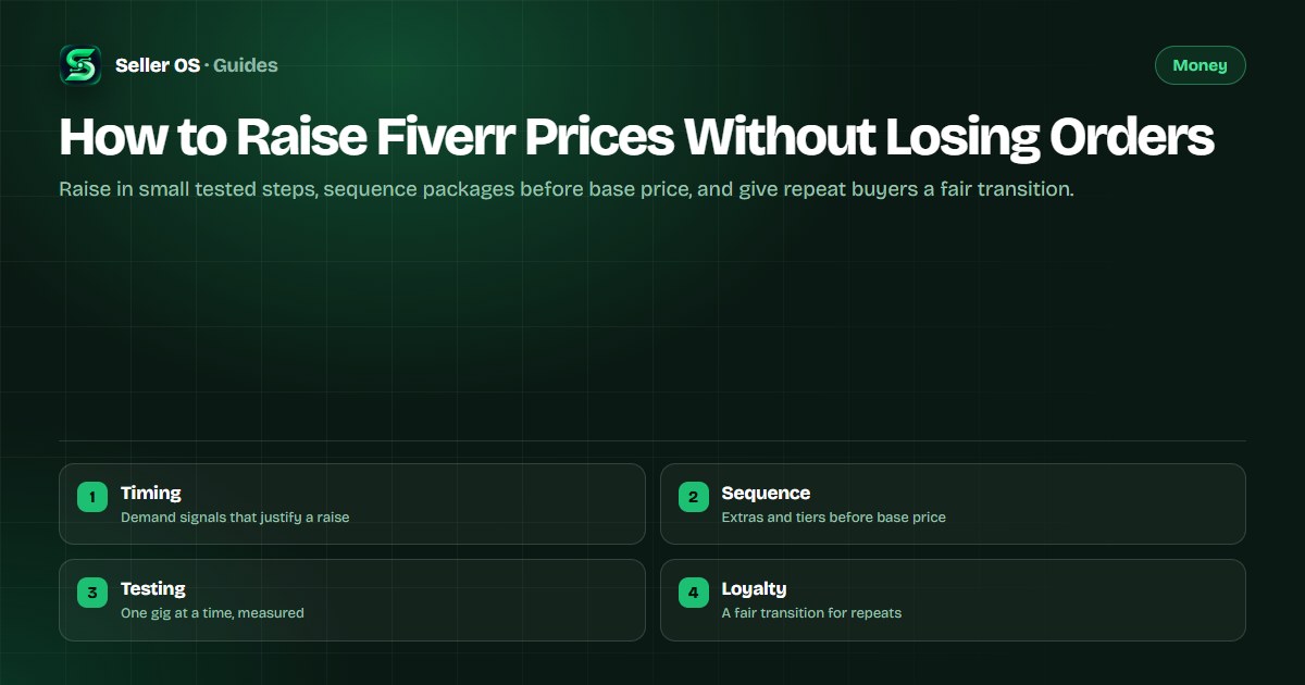 Diagram showing a Fiverr price raise sequence from timing signals to package changes to testing to buyer notice