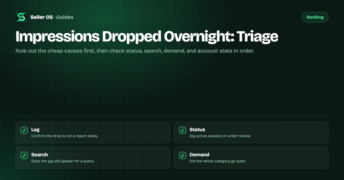 Triage checklist for a Fiverr impressions drop covering reporting lag, gig status, search visibility, seasonality, and account state
