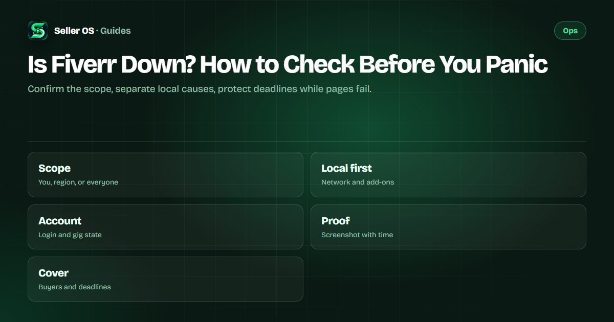 Decision diagram separating a Fiverr-wide outage from network, extension, and account causes