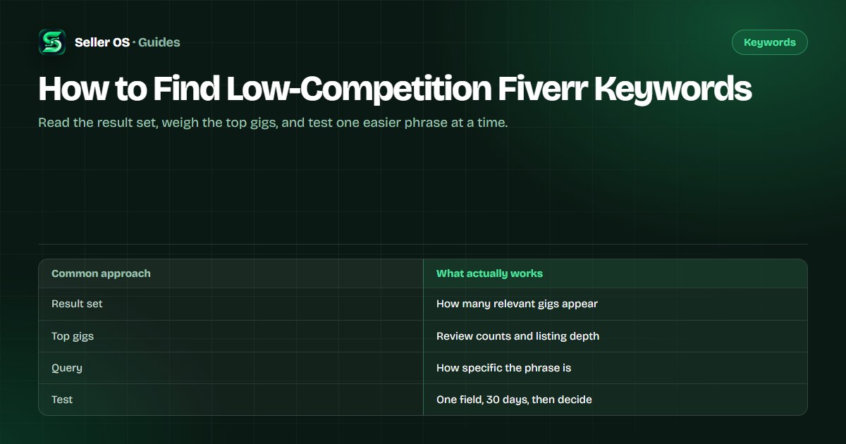 Diagram of a Fiverr search result page being inspected for competition signals such as review counts and listing quality