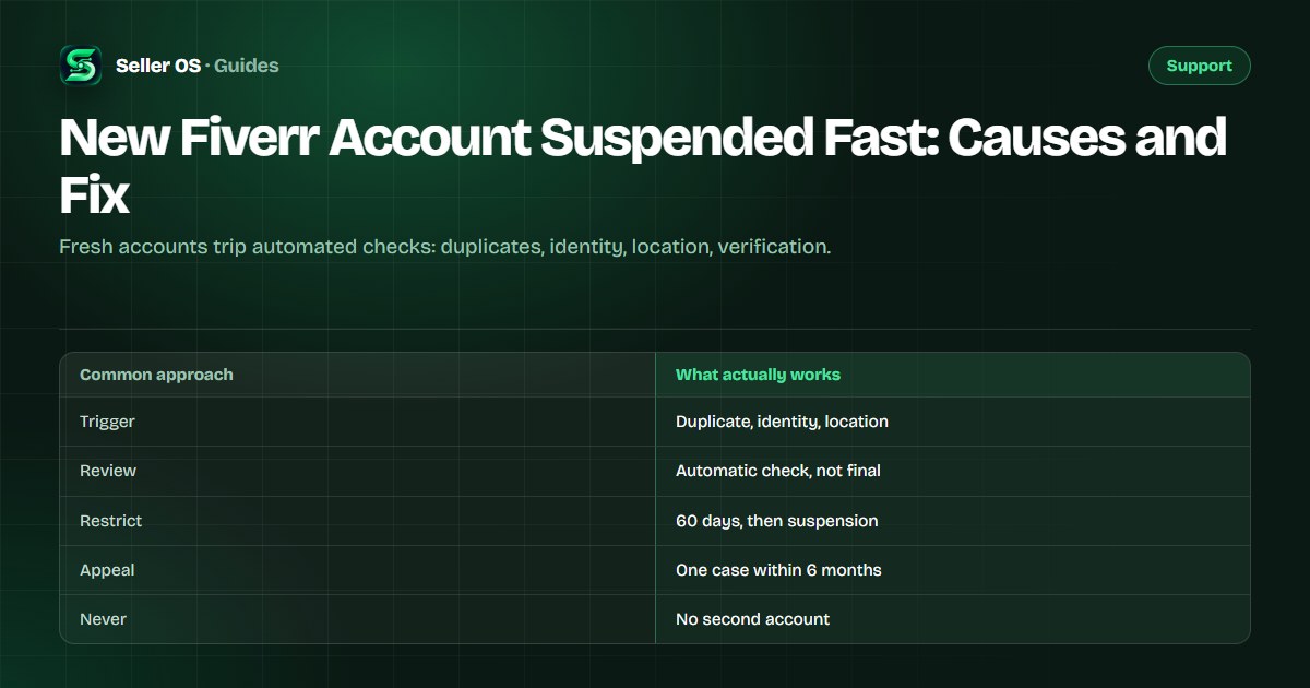 Flowchart of new-account enforcement states from automatic review through restriction to suspension and appeal