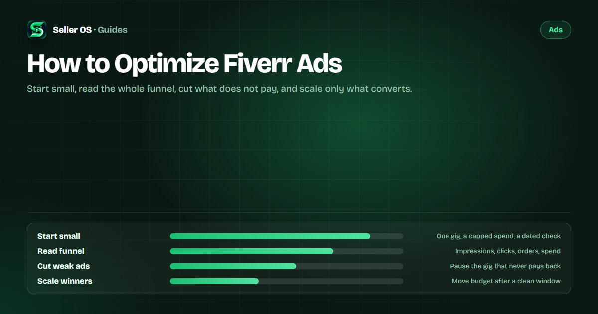 Fiverr Ads optimization loop diagram: start a small budget, read impressions, clicks, and orders, cut weak gigs, then scale winners
