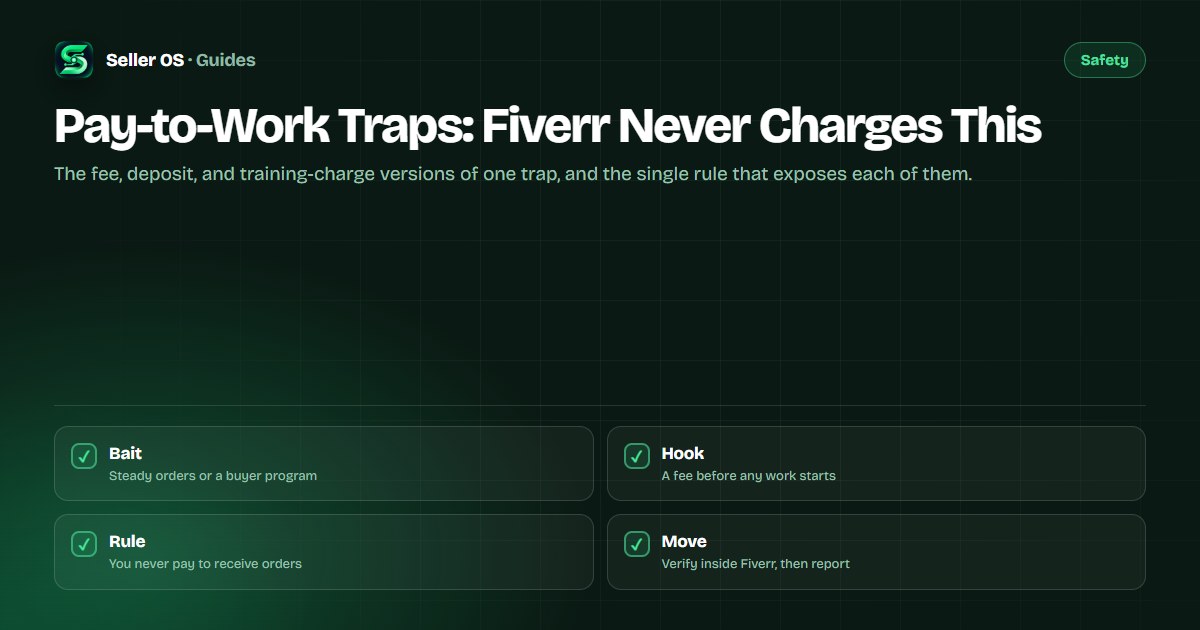 Illustration contrasting a fake fee demand sent to a seller with a genuine Fiverr order payment flowing to the seller