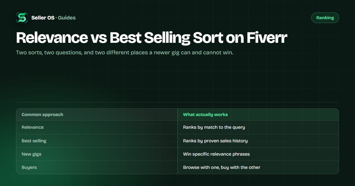 Diagram comparing Fiverr relevance and best selling search sorts, showing query match on one side and sales history on the other