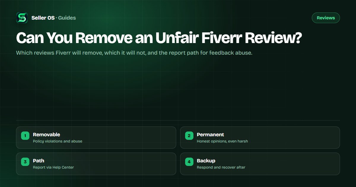 Illustration of a Fiverr review panel with a flag icon marking feedback abuse beside an honest opinion that stays published
