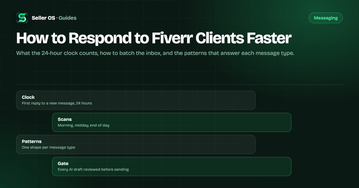 Diagram of a Fiverr inbox response system: three daily scans, reply patterns by message type, and a review gate