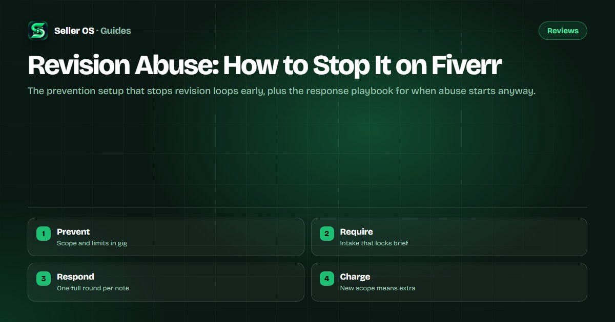Fiverr order thread showing a long chain of revision requests beside a gig page with a clear revision policy section